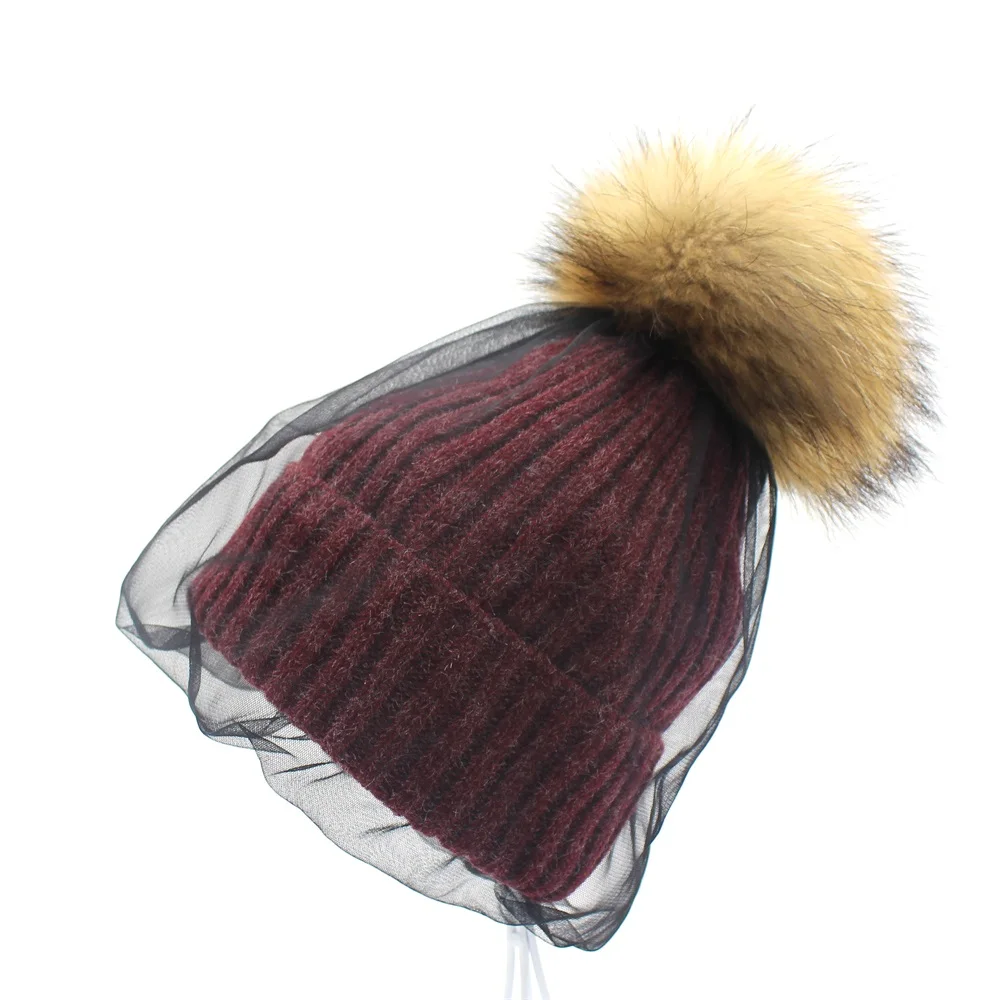 

Lanxxy Real Mink Fur Pompom Hat Women Girls Winter Beanies Skullies Fashion Veil Mesh Style Hats for Women Female Cap