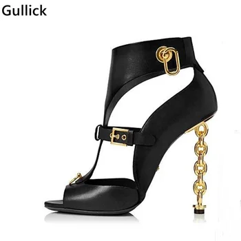 

Sexy Hollow Out Golden Chian Heels Woman Sandal Metal Buckle Ring Decoration Cool Room Style Woman Party Dress Shoe Big Size