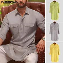 INCERUN, мужская длинная рубашка с карманами, модный свободный однотонный индийский костюм, рубашка с длинным рукавом, Мужская Пакистанская мусульманская одежда, S-5XL