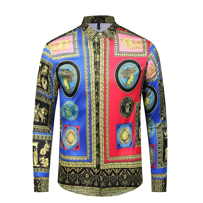 

True Reveler fashion party dress shirts men long sleeve medusa blouse black gold character print hip hop nightclub tops shirt