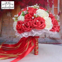 Perfectlifeoh красивые цветы ручной работы искусственные розы цветы жемчуг невесты кружевные акценты свадебные букеты с лентой