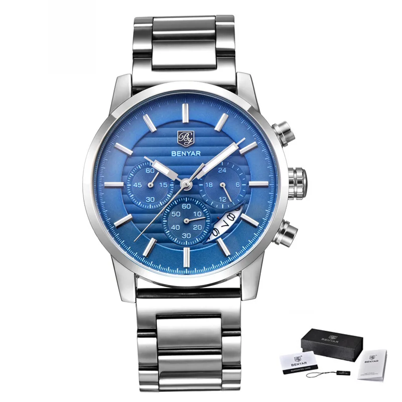 Reloj Hombre BENYAR модные мужские часы брендовые Роскошные бизнес-часы с хронографом спортивные Кварцевые водонепроницаемые часы Relogio Masculino - Цвет: steel blue B