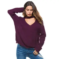 Глубокий v шеи Зимний свитер вязать Дамская мода пуловер с длинным рукавом женский новый 2018 на осень-зиму случайные свободные перемычка