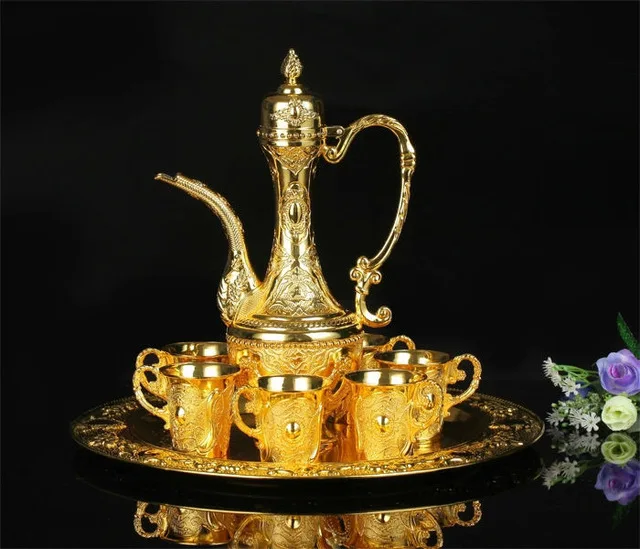 

metal gold plated embossed kitchen dining bar wine sets 8 PCS/set box packing 6 cups 1 jar 1 tray wedding events hotel deco