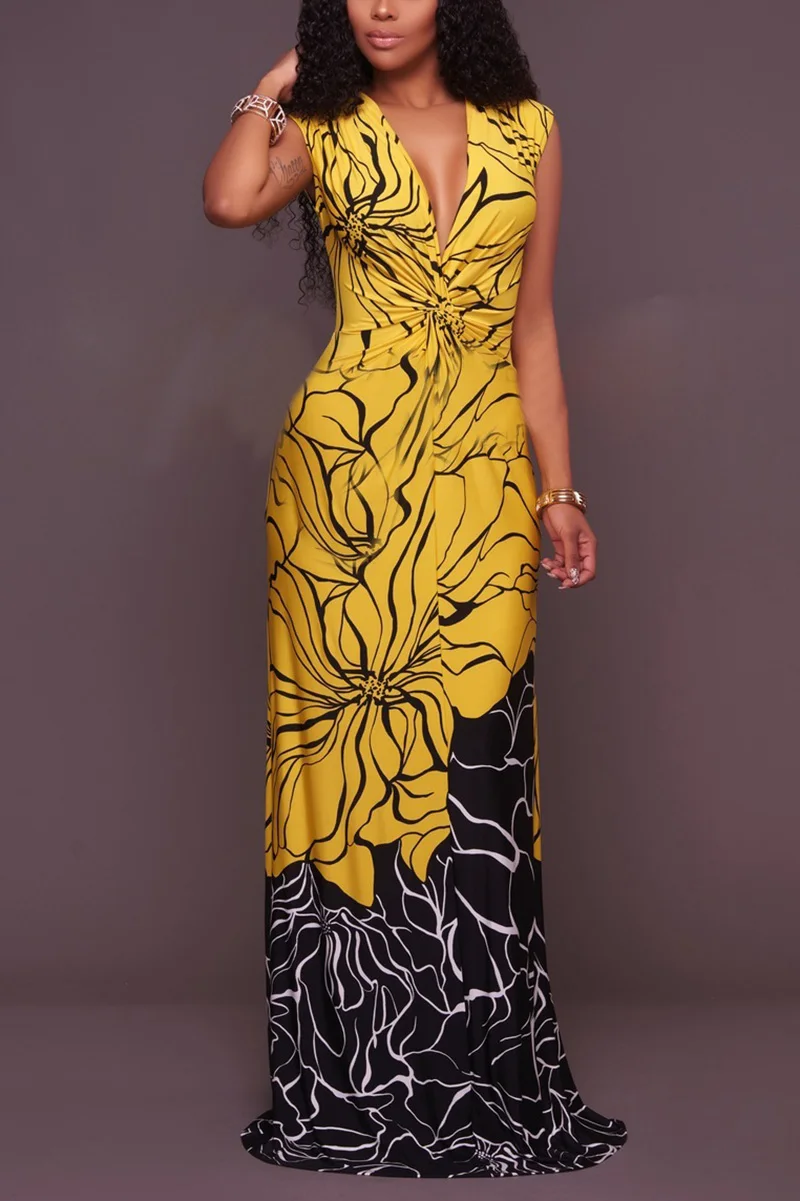 2017 Summer Leisure Dress V Neck Yellow Black Dress Sexy Women Maxi