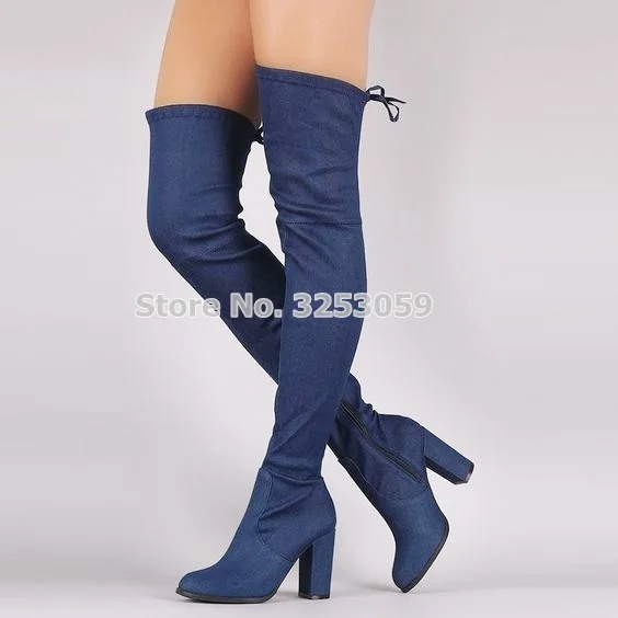 ALMUDENA Young Ladies Sexy Elastic Blue Denim Skinny Dress Boots Chunky Heel Lace-up Thigh Boots Jeans Over-the-knee Knight Boot ALMUDENA Young Ladies Sexy Elastic Blue Denim Skinny Dress Boots Chunky Heel Lace-up Thigh Boots Jeans Over-the-knee Knight Boot