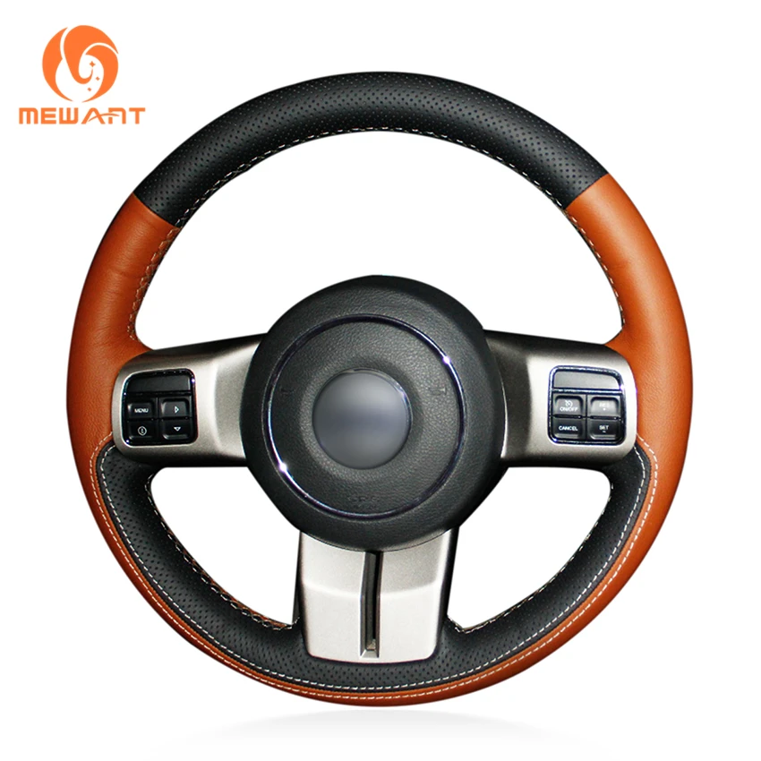MEWANT Black Brown Genuine Leather Car Steering Wheel Cover for Jeep
