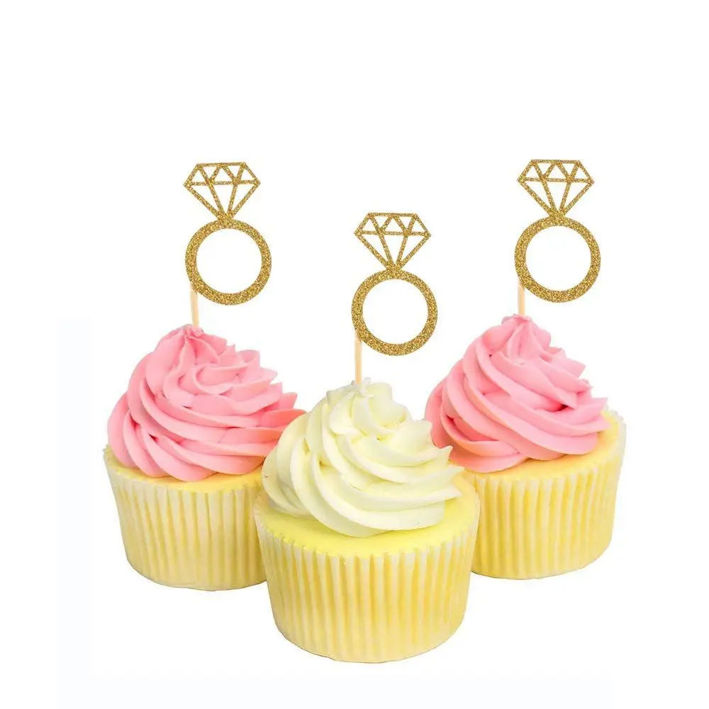 50 Pack Cupcake Toppers Gold Glitter Mini Diamond Ring Cakes Toppers