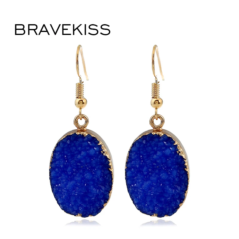 Bravekiss New Oval Blue Stone Drop Earrings Fashion Jewelry Fish Hook