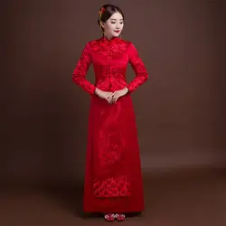 Красный Qipao Для женщин невесты традиционные свадебное платье 2018 новый воротник-стойка Вышивка Феникс платье Cheongsam Стиль Chinois Femme