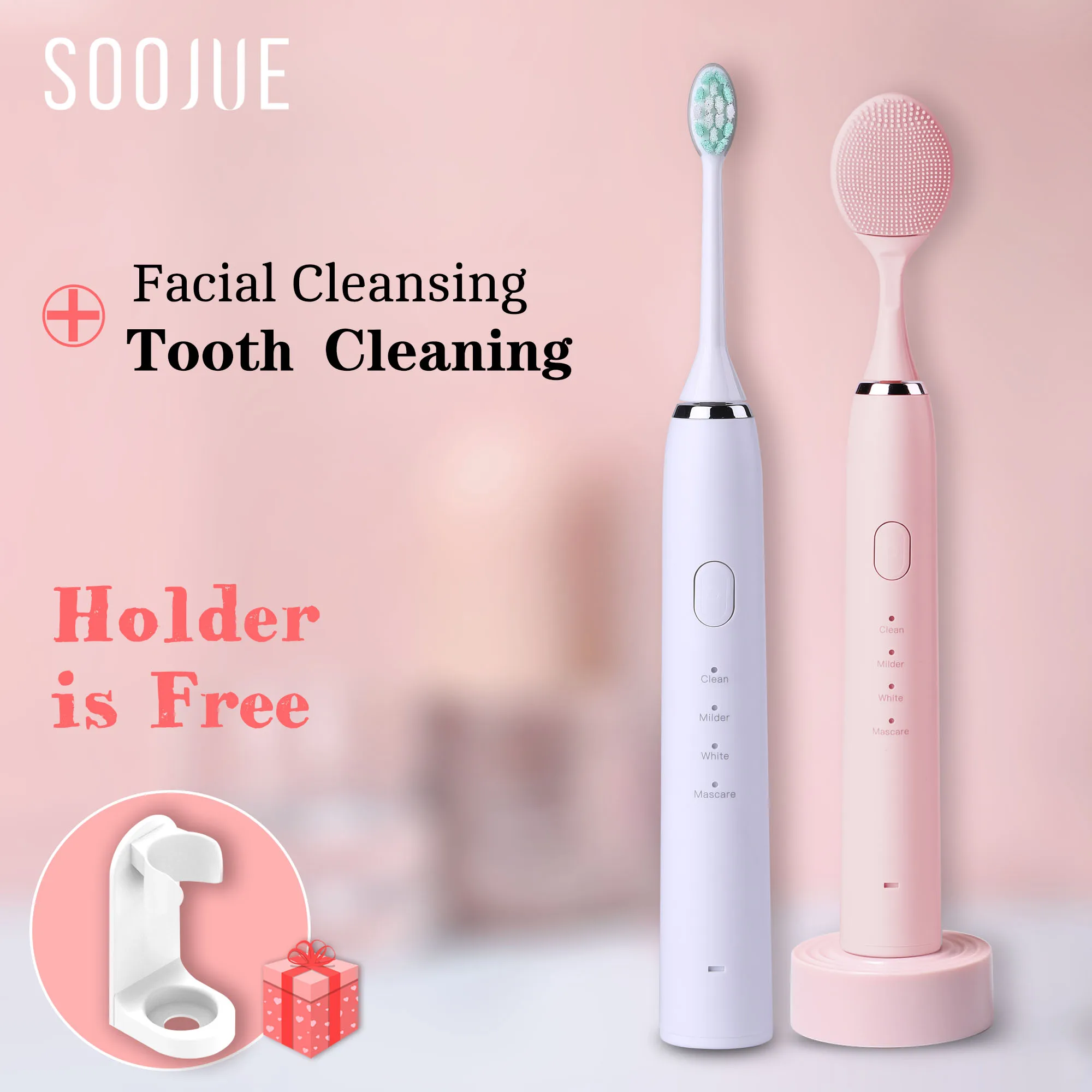 

SOOJUE Sonic Electric Toothbrush Wireless Rechargeable Waterproof ultrasonic tooth brush DoPont Brush and Facial Cleansing brush
