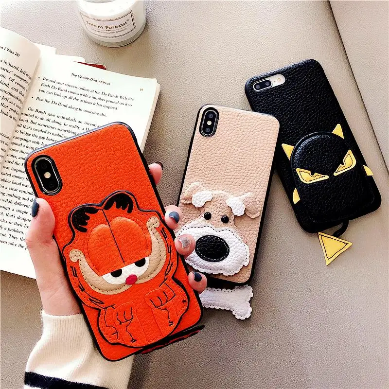 

Leather Cartoon Garfield Cat and Dog phone case For iphone 7 plus Xs X XR Xs Max 8 Plus Embroidered Leather Acrylic Mobile Cover