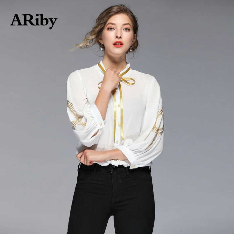 Женская шифоновая рубашка aribby белая с длинным рукавом и стоячим воротником для