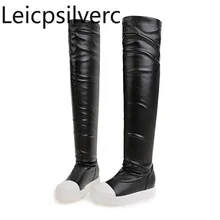 Женские сапоги новые стильные осенние и зимние женские сапоги выше колена на плоской подошве с круглым носком черные, белые, большие размеры 34-42