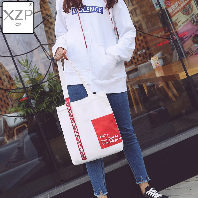 

XZP 2019 Lady Handbag Ribbon Shoulder Shopping Bag Printing Canvas Female Simple Wild Casual Student Bag Beach Bags
