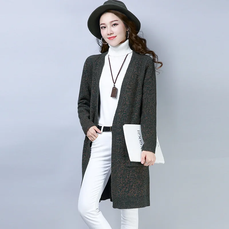 Новые женские длинные вязанные свитера, осенняя одежда, простой однотонный шерстяной кардиган с v-образным вырезом