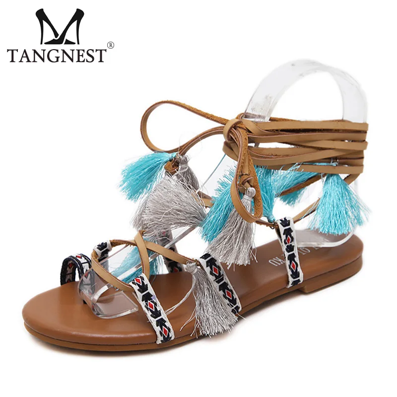 

Tangnest Women Summer Fashion Sandals Lace-up Fringe Gladiators Soft Flat Shoes Casual Female Bohemian Sandals XWZ4837