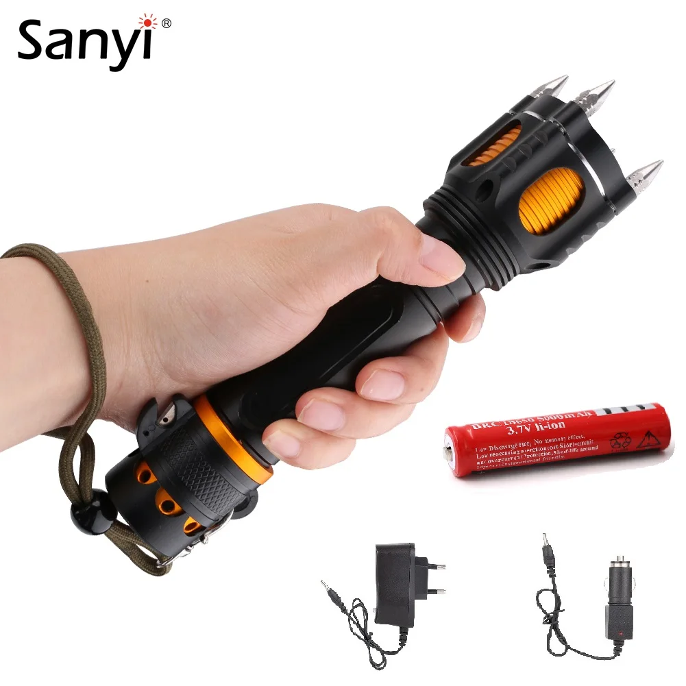 

Sanyi XML T6 LED Police Tactical Flashlight Audible Alarm Cap Attack Torch Head Self Defense Belt Cutter Security Rescue Light