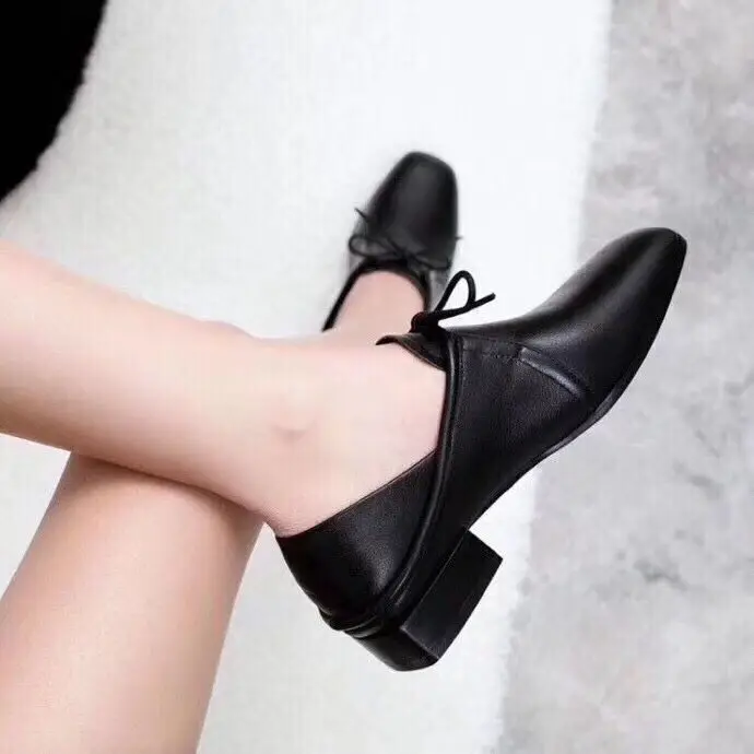 

Four seasons 2019 round toe women shoes square low heel lace up genuine leather causal shoes