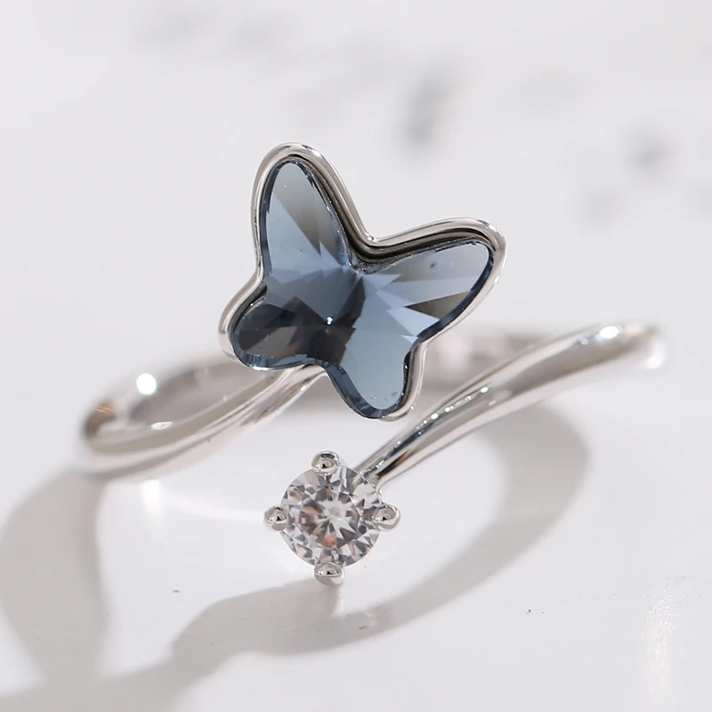 

Fashion Blue Austrian Crystal Butterfly Open Rings For Women Girls Gift Statement Jewelry Adjustable Size Wedding Finger Ring