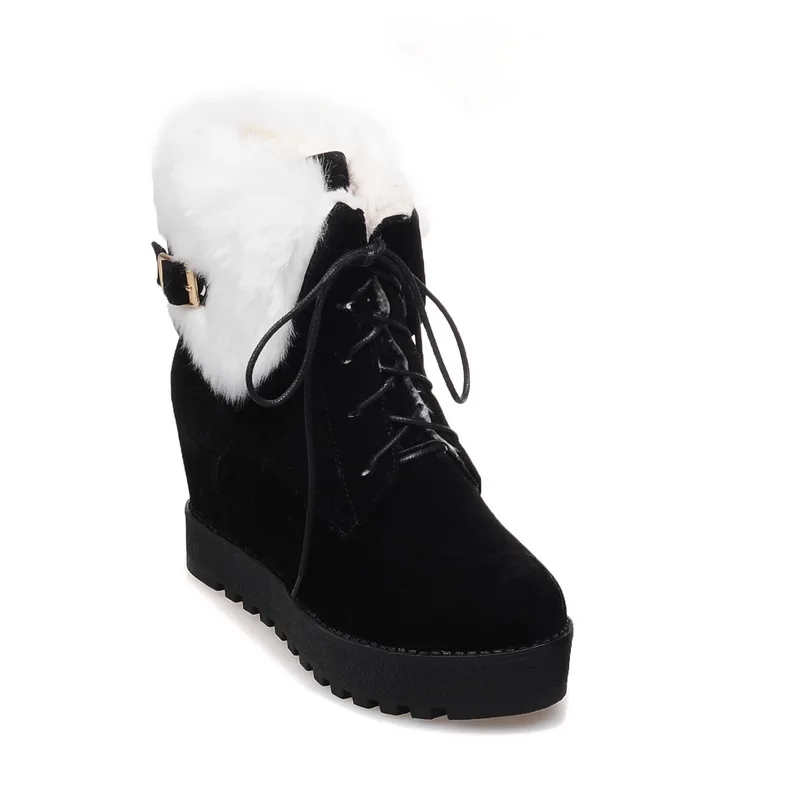 Новая мода большой размер 33–43 зимняя женская обувь плюшевые зимние сапоги на высоком каблуке на платформе на шнуровке украшение в виде пряжки HXZ-002 - Цвет: black