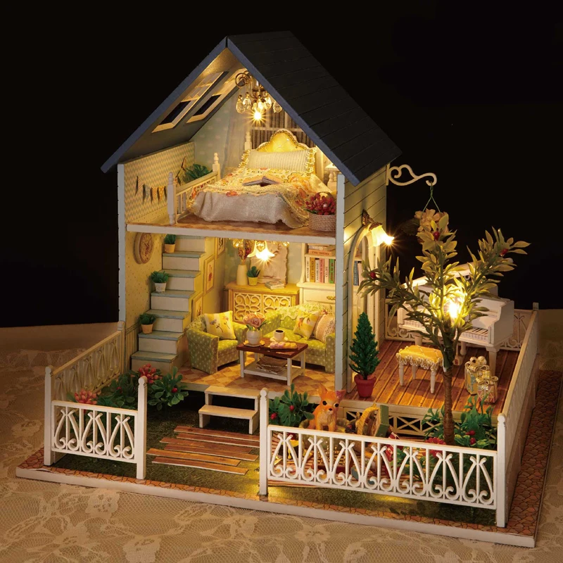 

Cute Room DIY Miniature Model Dollhouse With LED 3D Wooden House Furniture Toys Birthday Gifts For Children A030 #E