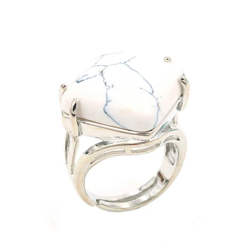 FYJS Unique White Howlite Stone Silver Plated Rhombus Shape Resizable Ring Personalized Jewelry