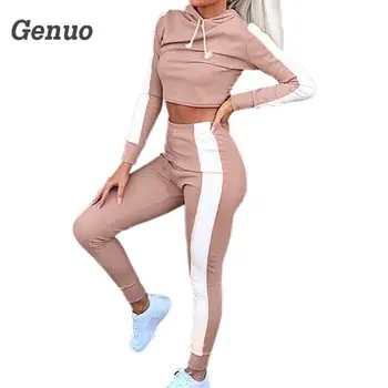 

Women Color Block Patchwork Tracksuits Two Pieces Sets Crop Top + Elastic Waist Pants Hooded Sweatshirts Autumn Women's Sets