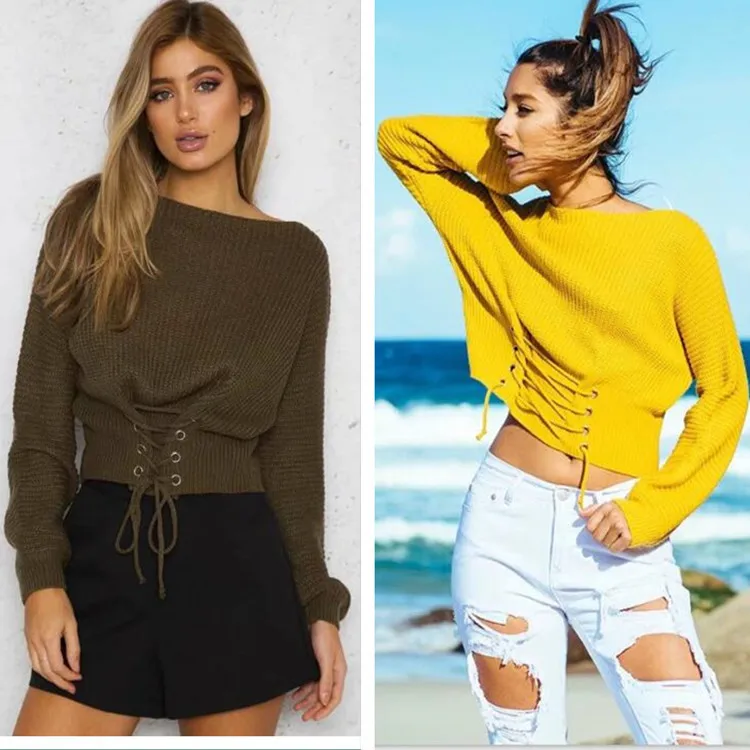 

2017 New Autumn One Size Fit Lace Up Sweaters Pullovers Women Winter Bandage Solid Knitted Basic Sweater Feminine Outwear