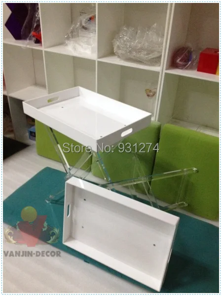 Folding Acrylic Home tray table,White Perspex side sofa table with foldable legs
