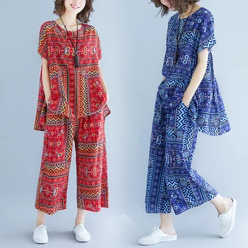 

#0848 Summer Red Blue Asymmetrical Long Blouse Two Piece Set Top And Pants Vintage Cotton Linen Plus Size 2 Piece Set Women