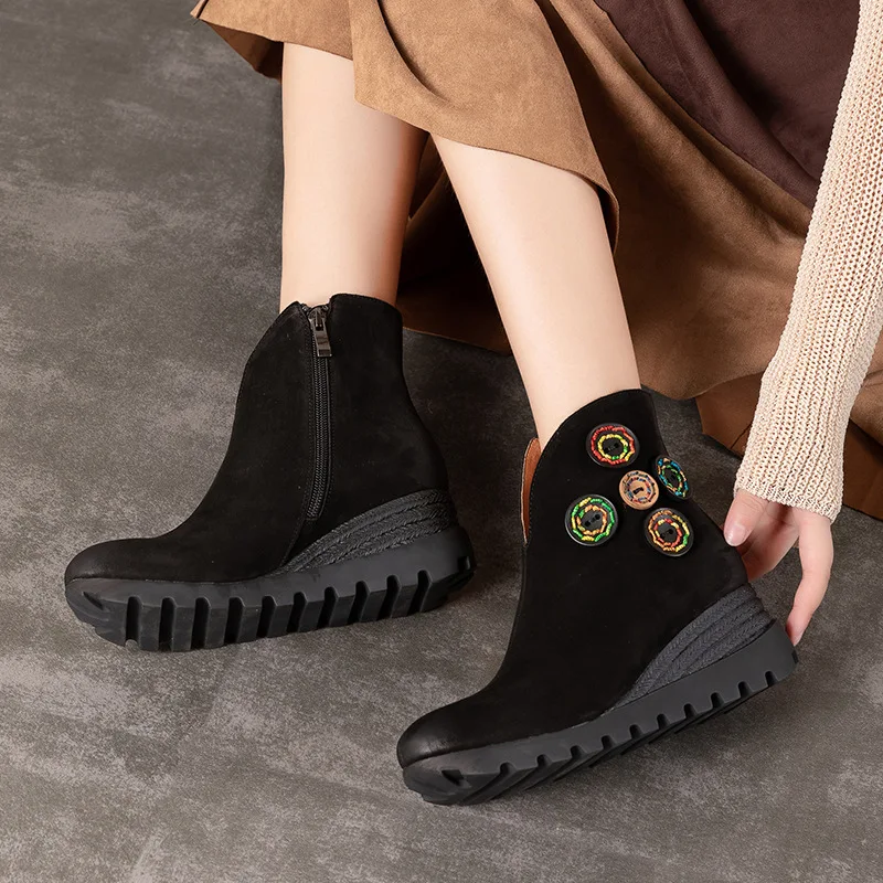 

Women Genuine Leather Boots Embroidery Black 6 CM High Heels Wedge Shoes Winter 2018 Handmade Women Leather Ankle Boots Brand