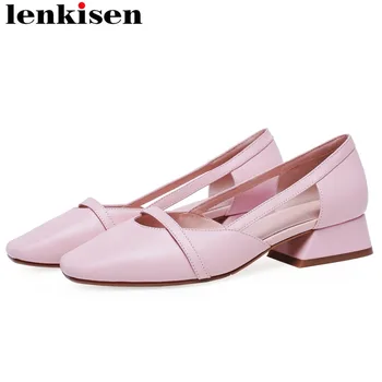

Lenkisen office lady genuine leather low heels slip on popular square toe women pumps large size dress gathering suit shoes L71