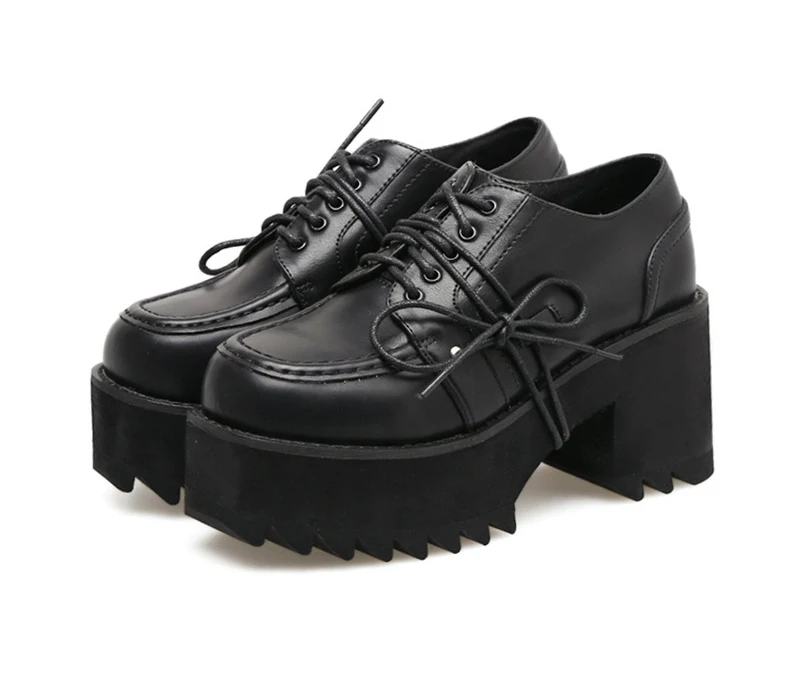 Туфли-лодочки в стиле панк-рок; женская обувь; черная кожаная обувь на толстой платформе; обувь на шнуровке с круглым носком; женская обувь на высоком каблуке; новое поступление