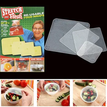 

4pcs Food Fresh Keeping Saran Wrap Kitchen Tools Reusable Silicone Food Wraps Seal Vacuum Cover Stretch Lid Kitchen Accessories