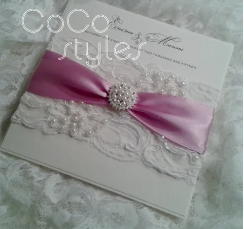  Cocostyles personalized royal lace fabric design invitation card with pearl brooch and ribbon for c - 32893863044