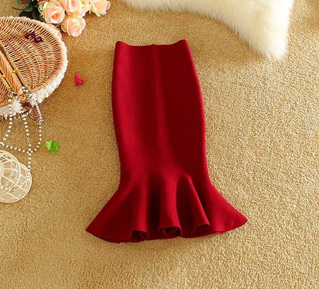 Женские юбки с высокой талией,, вязанная миди юбка с рыбьим хвостом и оборками на бедрах, Saias Femininas FS0198 - Цвет: zaohong