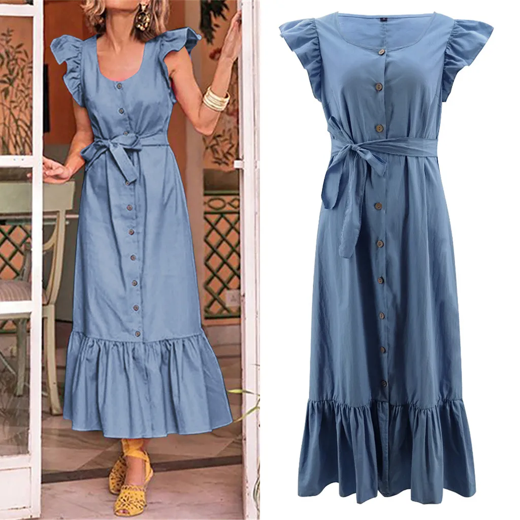 

Fashsiualy Women Holiday Party Dress Ruffle Fly Sleeve Sundress Elegant O-neck Summer Dress High Waist Ladies vestido Long Dress