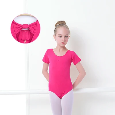 Детское балетное трико для девочек; боди с милым бантом на спине; детские танцевальные трико; хлопковые гимнастические трико - Цвет: Hot Pink ShortSleeve