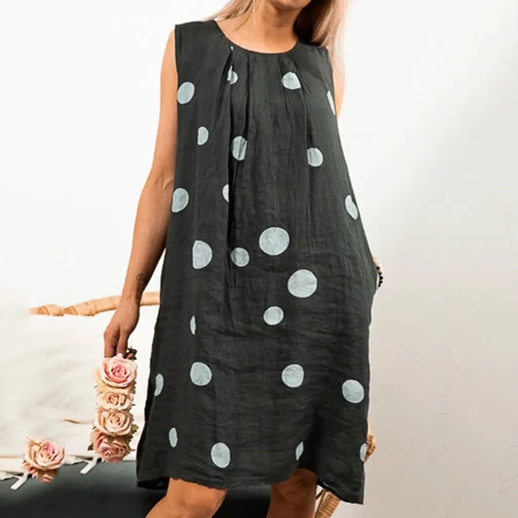

Fashsiualy dress women O-Neck Sleeveless Sundress Summer Polka Print Loose Dress Black Linen Casual Lady Dress Large Size dress