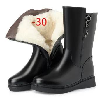 

XiuNingYan Newest Genuine Leather Wool Boots Round Toe Mid Calf Boots for Women Keep Warm Winter Snow Boots Punk Platform Shoes