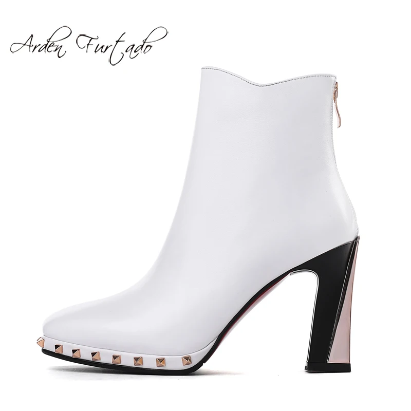 

Fashion women's shoes winter 2019 zipper white ankle boots rivet chunky heels 9cm elegant women's boots genuine leather boots