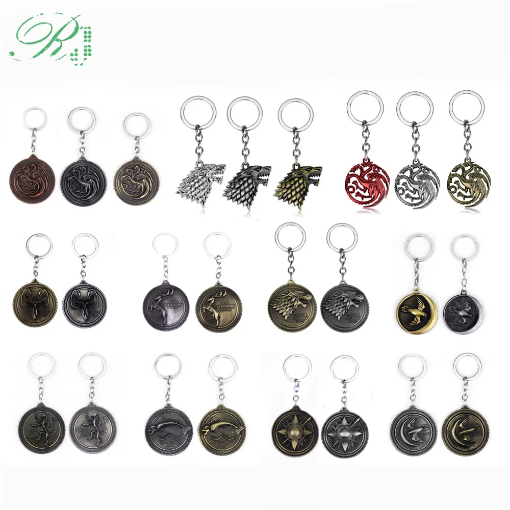 

RJ 20pcs Game of Thrones Keychains House Stark Wolf Pendants Key Chain A Song Of Ice And Fire Targaryen Dragon Keyring Xmas Gift