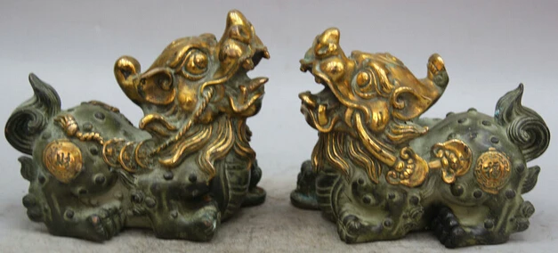 

JP S0524 6" Chinese Bronze Gild Folk Wealth Pi Xiu Unicorn Beast Statue Sculpture Pair (B0413)