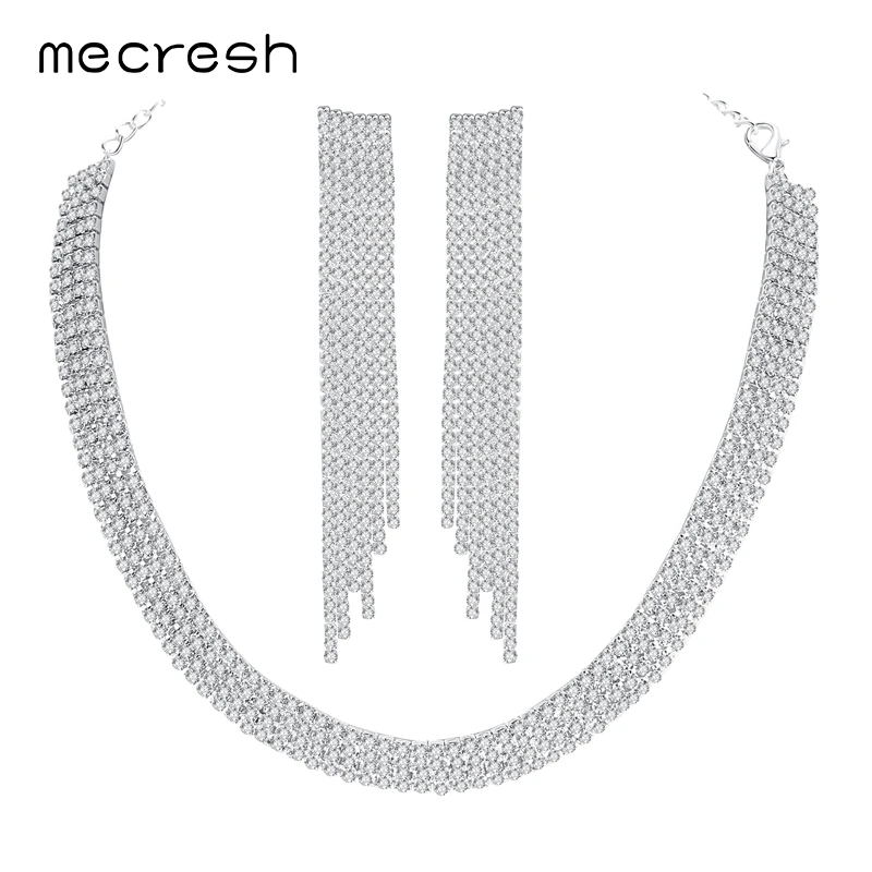 Mecresh Элегантный кисточкой Кристалл невесты украшения комплекты Великолепный серебряный Цвет Свадебная вечеринка Цепочки и ожерелья серьги EH424+ MXL061-4 ряд