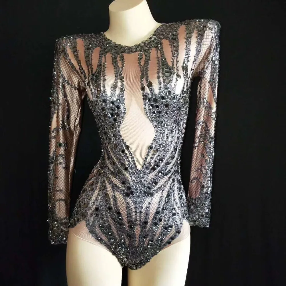 

High Quality Black Long Mesh Sleeve Hollow Out Beading High Elasticity Bodysuits Nightclub Party Bodycon Bodysuits