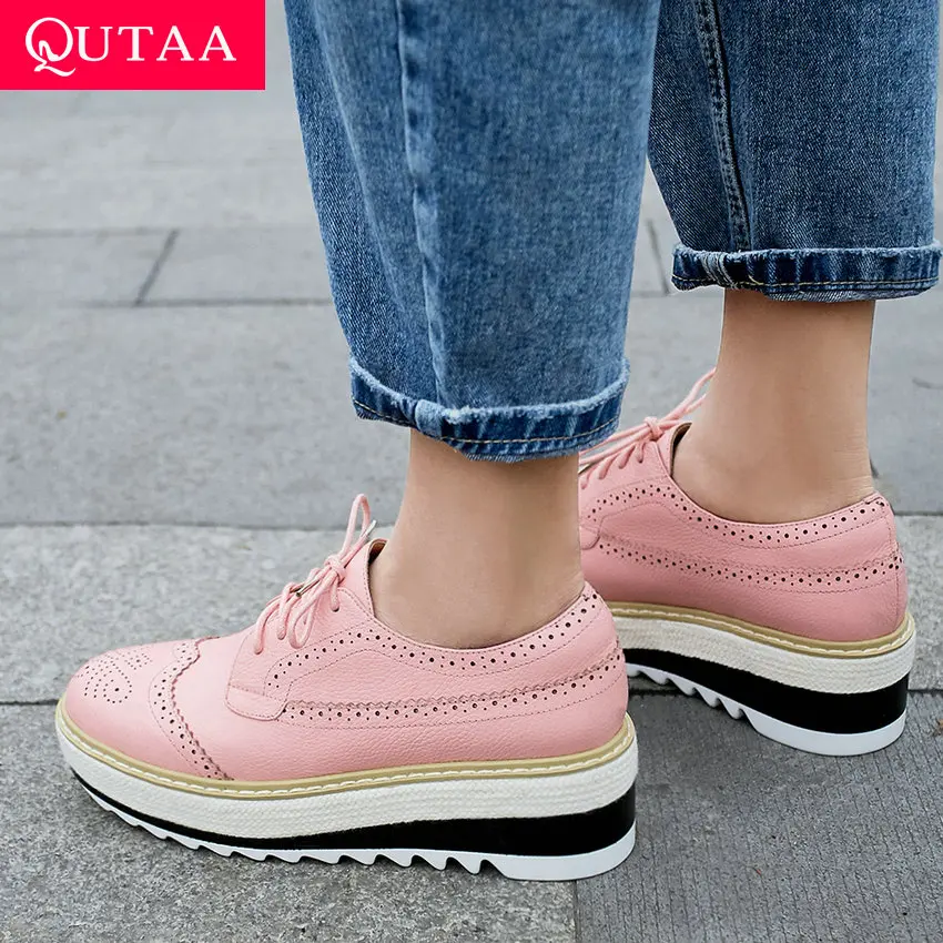 Женские туфли на танкетке QUTAA элегантные лодочки из коровьей кожи и