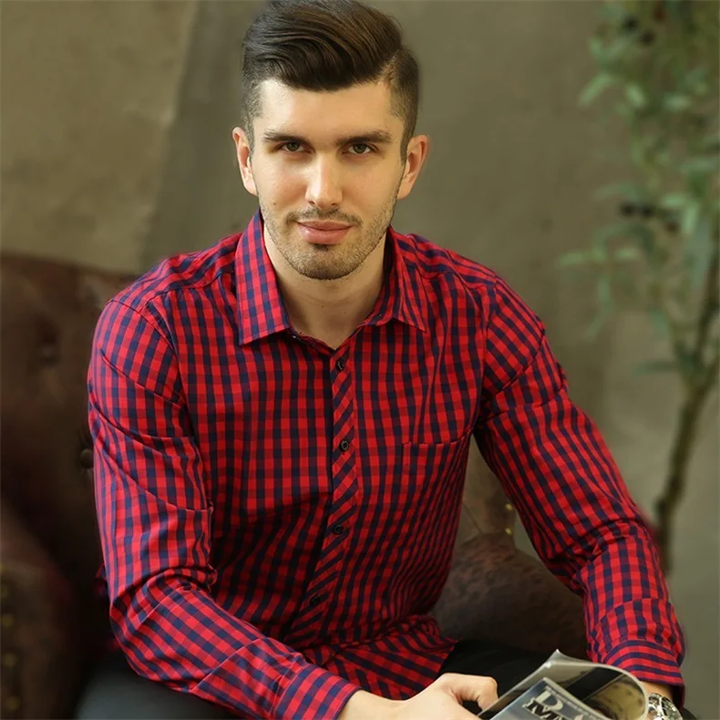 

Hot Sale Fashion Plaid 100% Cotton Business Casual Long Sleeve Men Shirt With Left Chest Pocket High Quality Retyo Style