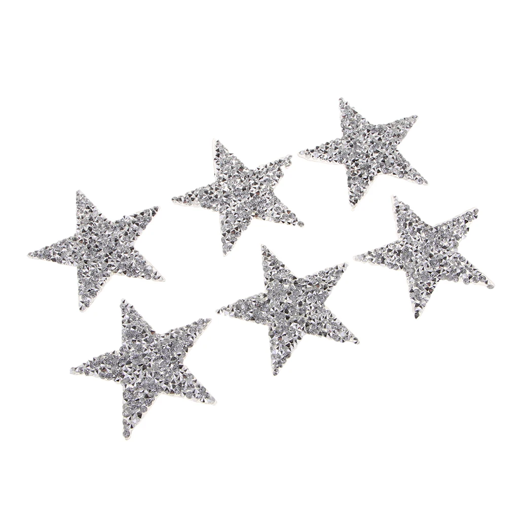 6x Small Crystal Star Patches Iron Sew On Clothes Bag Rhinestone Badge Patch