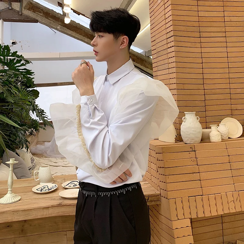 

2019 New Men Lace Splice Long Sleeve Casual Shirt Stage Fashion Shoe Clothes Male Party Dress Shirts